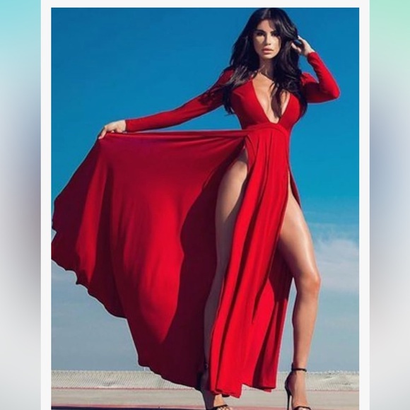 Women's Summer 2024 Sexy Double High Slit Deep V Neck Plus Size Sundresses Thigh - Picture 2 of 8